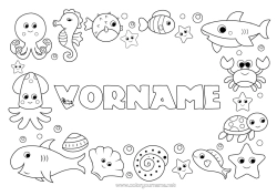 Página de desenho personalizável Tartaruga Animal Peixe Cavalo-marinho Conchas Tubarão Estrela do mar Animais marinhos ou aquáticos Répteis Polvo, Lula Tartaruga marinha