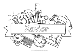Coloriage personnalisable École Symboles Crayon Globe terrestre Rentrée scolaire Toque d'étudiant Fournitures scolaires Réveil Pot de crayons