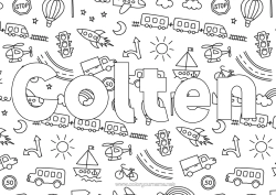 Customisable colouring page Rocket Lorry Vehicles Boat Train Decorated name Hot air balloon Bus, car Helicopter Doodle Aerial vehicles Marine vehicles Land public transport Trucks and commercial vehicles Decorative background