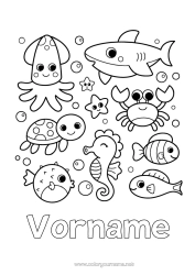 Página de desenho personalizável Kawaii Tartaruga águas-vivas Mar Animal Peixe Cavalo-marinho Caranguejo Conchas Tubarão Estrela do mar Animais marinhos ou aquáticos Répteis Polvo, Lula Tartaruga marinha