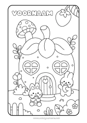 Coloriage personnalisable Mignon Kawaii Lapin Champignon Fruits Maison Fraise Animaux de la forêt