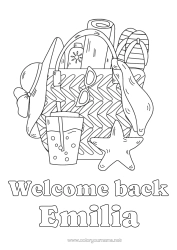 Coloriage personnalisable Vacances Été Chapeau Maîtresse/Maître Nounou Boisson Symboles Tong Étoile de mer Animaux marins ou aquatique Métiers de l'éducation Limonade