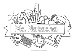 Coloriage personnalisable École Symboles Crayon Globe terrestre Rentrée scolaire Toque d'étudiant Fournitures scolaires Réveil Pot de crayons