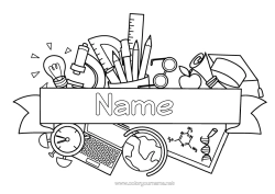 Coloriage personnalisable École Symboles Crayon Globe terrestre Rentrée scolaire Toque d'étudiant Fournitures scolaires Réveil Pot de crayons