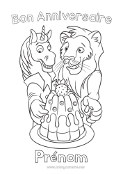 Página de desenho personalizável Bolo Aniversário Cavalo Leão Animal Feliz aniversário (francês) Mensagem Animais de fazenda Animais selvagens da África