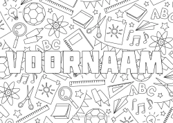 Coloriage personnalisable Nom décoré École Jeux et jouets Rentrée scolaire Fournitures scolaires Loupe Ciseaux Fond décoratif