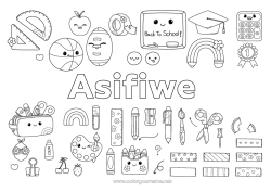 Coloriage personnalisable Kawaii Arc en ciel Crayon de couleur École Crayon Rentrée scolaire Tableau de classe Toque d'étudiant Fournitures scolaires Trousse équerre Rapporteur Peinture Ciseaux