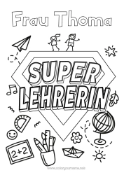 Coloriage personnalisable Héros Maîtresse/Maître Badge super Globe terrestre Métiers de l'éducation Avion en papier