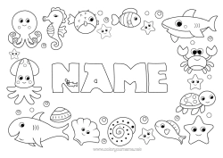 Coloriage personnalisable Tortue Animal Poisson Hippocampe Coquillages Requin Étoile de mer Animaux marins ou aquatique Reptiles Pieuvre, poulpe Tortue marine