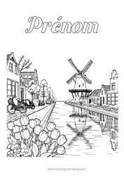 Coloriage personnalisable Fleurs Tulipe Moulin Pays Bas