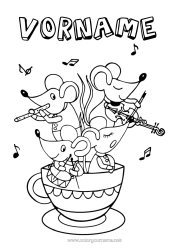 Página de desenho personalizável Rato Caneca Animal Música Conto de Fadas Bebida Animais da floresta Festa da Música Instrumentos musicais Flauta Violino