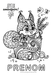 Página de desenho personalizável Aniversário Mandala Esquilo Colorações Complexas Feliz aniversário (francês) Mensagem Animais da floresta