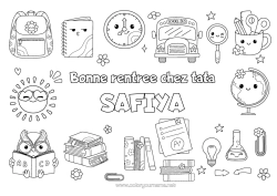 Coloriage personnalisable Kawaii Chouette, Hibou Bus, car Symboles Livre Oiseaux et mammifères volants Lecture Transport en commun terrestres Cartable Globe terrestre Rentrée scolaire