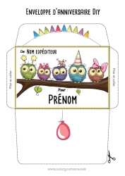 Página de desenho personalizável Aniversário Coruja Animal Envelope Pássaros e mamíferos voadores Envelope para imprimir