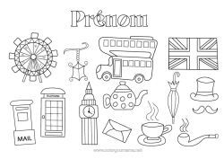Coloriage personnalisable Londres Royaume-Uni Drapeau Bus, car Symboles Transport en commun terrestres Boîte aux lettres Bus londonien