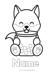 Página de desenho personalizável Lobo Fofo Kawaii Raposa Animal Chá Bebida Desenhos para colorir fáceis Animais da floresta Chá de bolhas