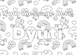 Página de desenho personalizável Flores Kawaii Unicórnio Animal Nome decorado Arco-íris Chuva Dragões, unicórnios e animais fantásticos Nuvem Fundo decorativo