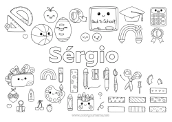 Coloriage personnalisable Kawaii Arc en ciel Crayon de couleur École Crayon Rentrée scolaire Tableau de classe Toque d'étudiant Fournitures scolaires Trousse équerre Rapporteur Peinture Ciseaux