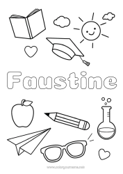 Pagina da colorare personalizzabile Frutta Simboli Mela Matita Occhiali Rientro a scuola Cappello da studente Forniture scolastiche