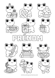 Aanpasbare kleurplaat Taart Kawaii Kikker Dier Lekkernijen, zoetigheden IJs Cupcake Zeedieren Frieten Croissant Pretzel Jam