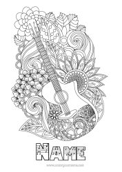 Anpassbare Malvorlage Blumen Musik Zentangle Musikfest Gitarre Musikinstrumente