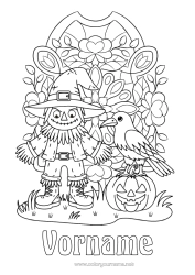 Página de desenho personalizável Abóbora Halloween Outono Jack O'Lantern Chapéu Pássaros e mamíferos voadores Espantalho Corvo