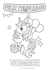 Coloriage personnalisable Gâteau Anniversaire Licorne Ballons Animal Joyeux anniversaire (français) Message Dragons, licornes et animaux fantastiques