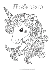 Coloriage personnalisable Fleurs Licorne Animal Zentangle Dragons, licornes et animaux fantastiques Tête