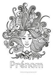 Página de desenho personalizável Peixe Zentangle Signo astrológico Animais marinhos ou aquáticos Cabelos e penteados Signos do zodíaco