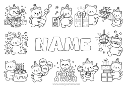 Coloriage personnalisable Chat Anniversaire Kawaii Fête Animal Chiens et chats Gâteau d’anniversaire