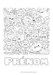 Página de desenho personalizável Fantasma Múmia Abóbora Esqueleto Bruxa Gato preto Halloween Kawaii Jack O'Lantern Símbolos Colorações Complexas
