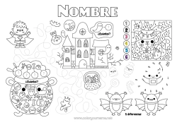Página de desenho personalizável Halloween Número Colorir por números Atividades para Crianças Ligando os Pontos Ache e Encontre Labirinto Jogo americano para imprimir Ligue os Números