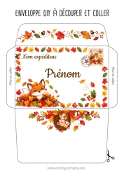 Coloriage personnalisable Hérisson Automne Renard Animal Feuilles Enveloppe Animaux de la forêt Enveloppe à imprimer Feuilles mortes