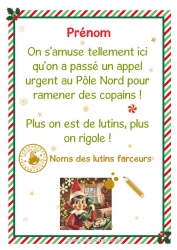Coloriage personnalisable Lutins de Noël Mission du lutin de Noël Lettres de lutins farceurs Lettre d'arrivée du lutin Lutin farceur supplémentaire Bêtises du Lutin Farceur