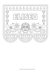 Página de desenho personalizável Dia dos Mortos Calaveras, caveiras Bordado mexicano