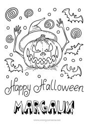Página de desenho personalizável Morcego Abóbora Halloween Jack O'Lantern Pássaros e mamíferos voadores Inscrição