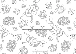 Coloriage personnalisable Mer Poisson Nom décoré Sirène Animaux marins ou aquatique Fond décoratif Tortue marine Fonds marins