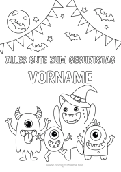 Coloriage personnalisable Chauve-souris Monstre Halloween Anniversaire Fête Extraterrestre Lune Joyeux anniversaire (français) Message Oiseaux et mammifères volants