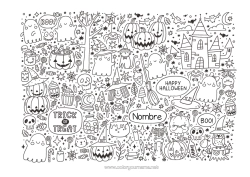 Coloriage personnalisable Fantôme Monstre Halloween Jack O'Lantern Symboles Coloriages complexes Manoir hanté Inscription "halloween"