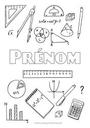 Coloriage personnalisable Crayon Rentrée scolaire Fournitures scolaires équerre Calculatrice Mathématiques Formes géométriques Compas Couverture de cahier