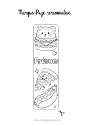 Coloriage personnalisable Kawaii Nourriture Marque page Hamburger Pizza Hot dog