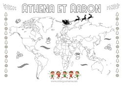 Coloriage personnalisable Lutins de Noël Coloriages lutins Géographie Carte du monde Voyage de lutin farceur Carte tour du monde des lutins farceurs Coloriage Lutins farceurs Voyageurs