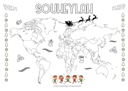 Coloriage personnalisable Lutins de Noël Coloriages lutins Géographie Carte du monde Voyage de lutin farceur Carte tour du monde des lutins farceurs Coloriage Lutins farceurs Voyageurs