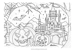Página de desenho personalizável Morcego Cemitério Abóbora Halloween Jack O'Lantern Zentangle Pássaros e mamíferos voadores Mansão Assombrada Teia de aranha