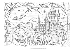 Página de desenho personalizável Morcego Cemitério Abóbora Halloween Jack O'Lantern Zentangle Pássaros e mamíferos voadores Mansão Assombrada Teia de aranha