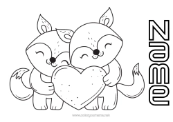 Free colouring Heart Fox I love you. Animal Valentine's Day Forest animals