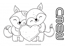 Free coloring Heart Fox I love you Animal Valentine's Day Forest animals