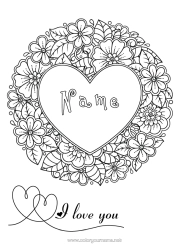Free colouring Flowers Heart I love you. Big heart 