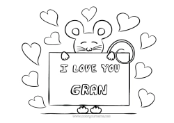 Free colouring Mouse I love you. Animal Valentine's Day