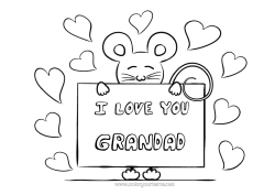 Free colouring Mouse I love you. Animal Valentine's Day